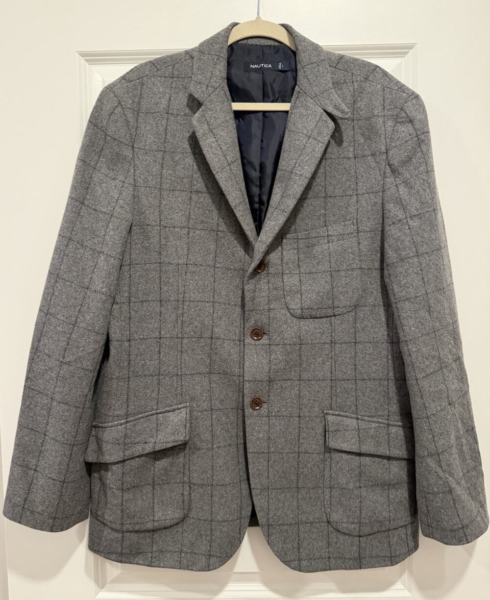 Nautica Wool Sport Coat Blazer Sz L Windowpane Grey Plaid 3 Button Grandpa